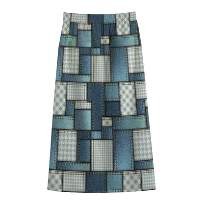Plaid And Denim Patchwork Pattern Print Cotton Front Slit Maxi Skirt