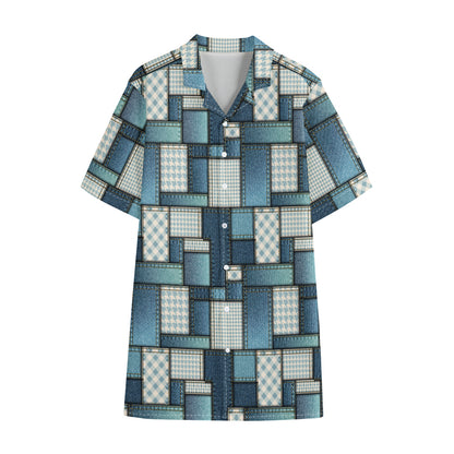 Plaid And Denim Patchwork Pattern Print Cotton Hawaiian Shirt