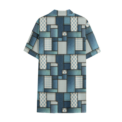 Plaid And Denim Patchwork Pattern Print Cotton Hawaiian Shirt