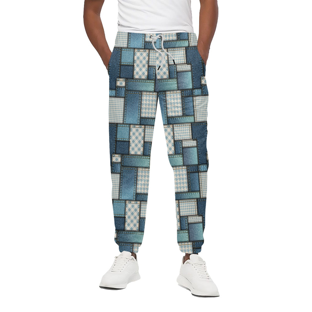 Plaid And Denim Patchwork Pattern Print Cotton Pants