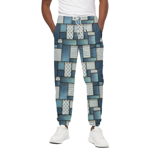 Plaid And Denim Patchwork Pattern Print Cotton Pants