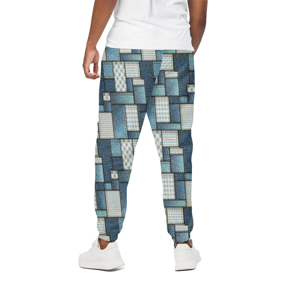 Plaid And Denim Patchwork Pattern Print Cotton Pants