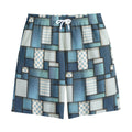 Plaid And Denim Patchwork Pattern Print Cotton Shorts