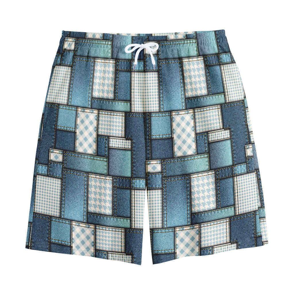 Plaid And Denim Patchwork Pattern Print Cotton Shorts