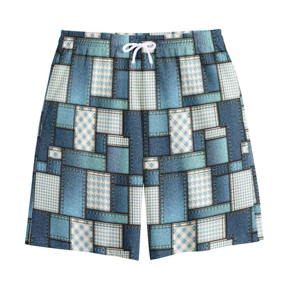 Plaid And Denim Patchwork Pattern Print Cotton Shorts