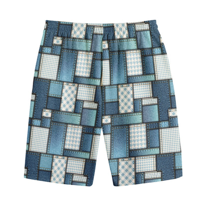 Plaid And Denim Patchwork Pattern Print Cotton Shorts