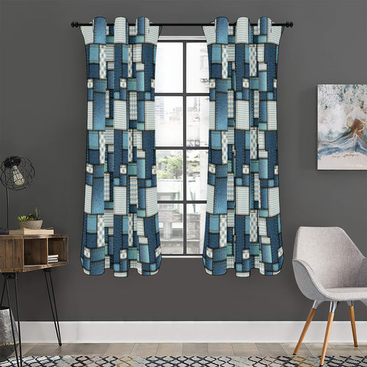 Plaid And Denim Patchwork Pattern Print Curtain