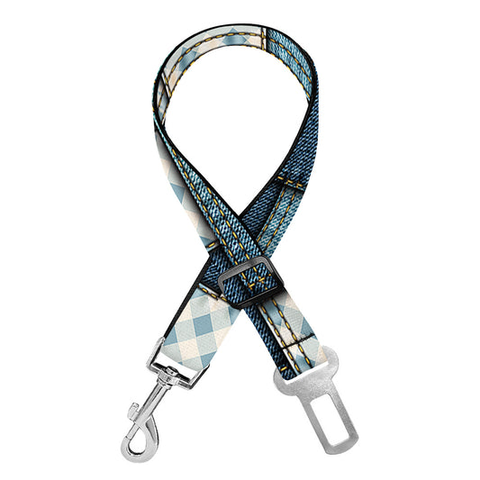 Plaid And Denim Patchwork Pattern Print Dog Seat Belt