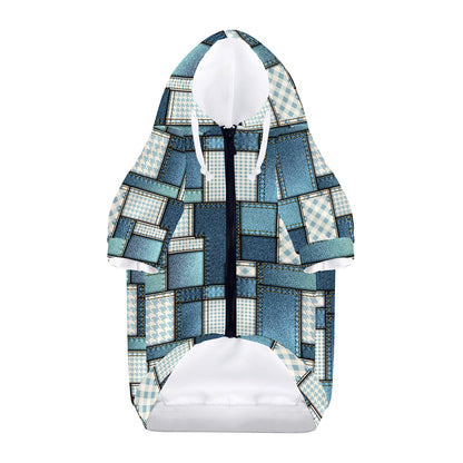 Plaid And Denim Patchwork Pattern Print Dog Zip Up Hoodie