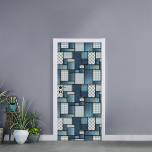 Plaid And Denim Patchwork Pattern Print Door Sticker