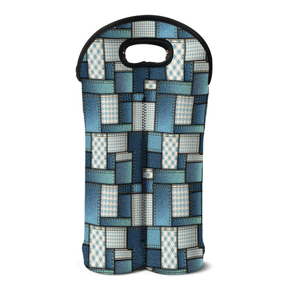 Plaid And Denim Patchwork Pattern Print Double Neoprene Wine Tote