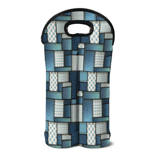 Plaid And Denim Patchwork Pattern Print Double Neoprene Wine Tote