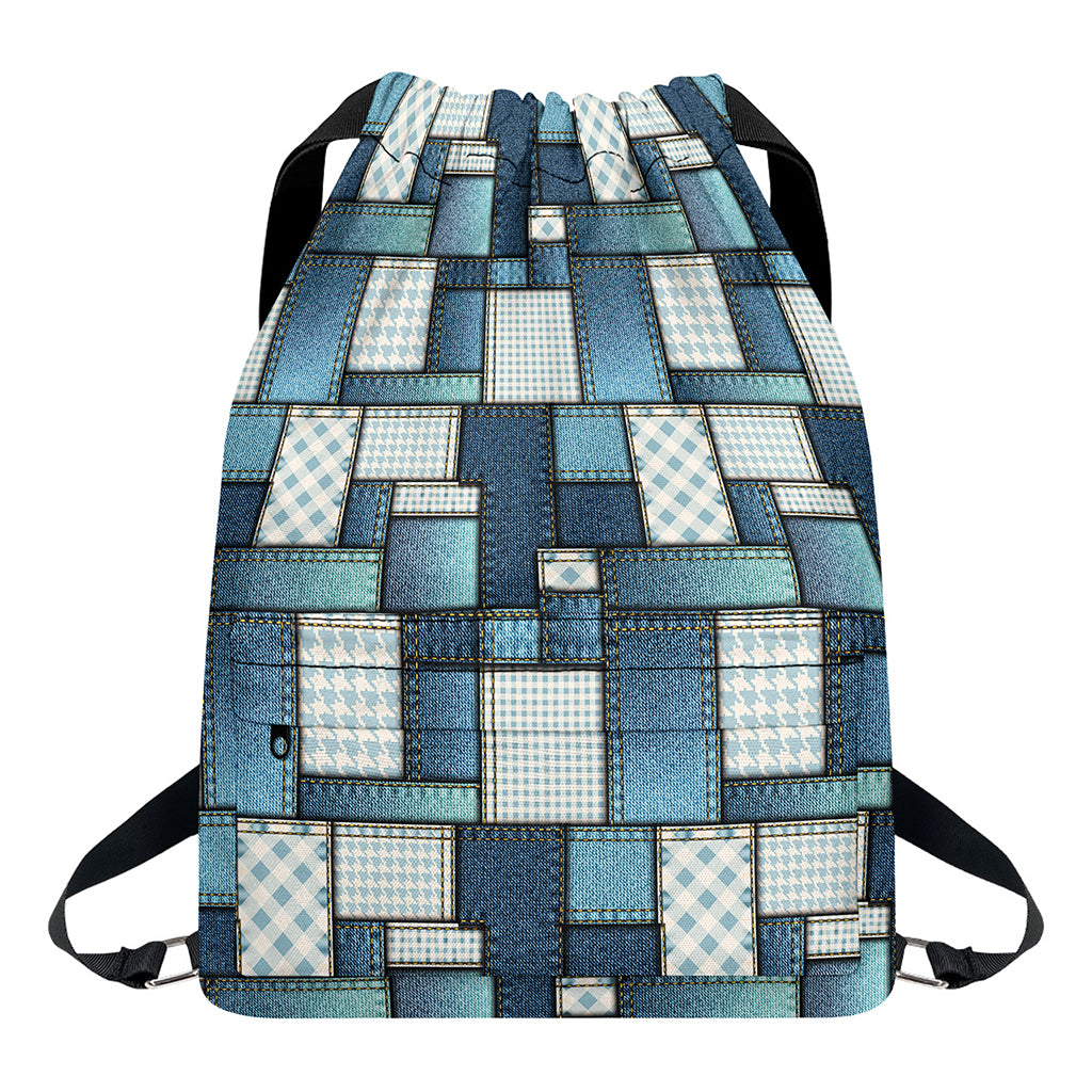 Plaid And Denim Patchwork Pattern Print Drawstring Backpack