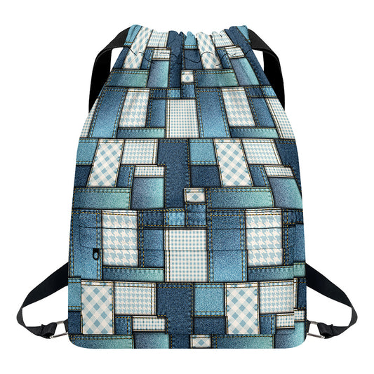 Plaid And Denim Patchwork Pattern Print Drawstring Backpack