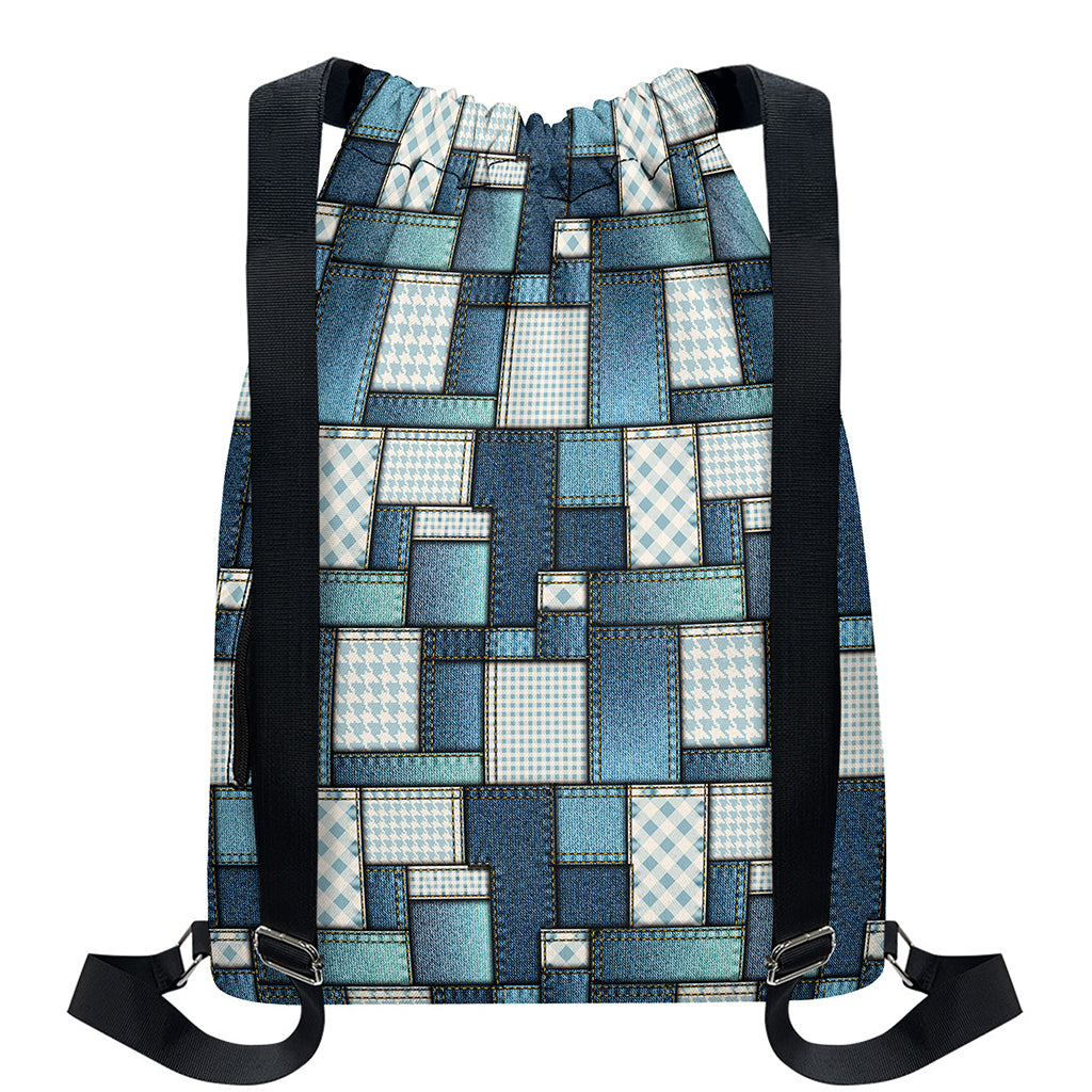 Plaid And Denim Patchwork Pattern Print Drawstring Backpack