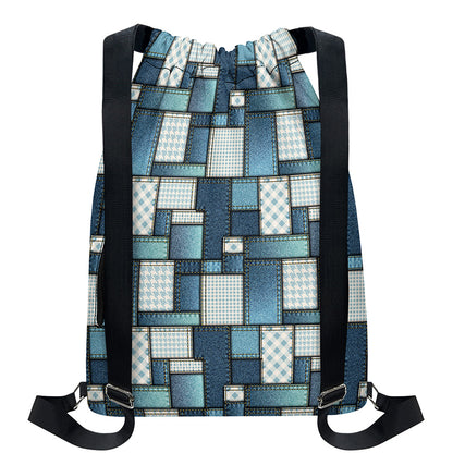 Plaid And Denim Patchwork Pattern Print Drawstring Backpack
