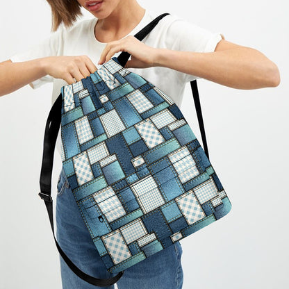 Plaid And Denim Patchwork Pattern Print Drawstring Backpack