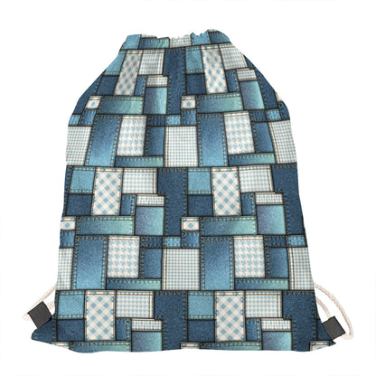 Plaid And Denim Patchwork Pattern Print Drawstring Bag
