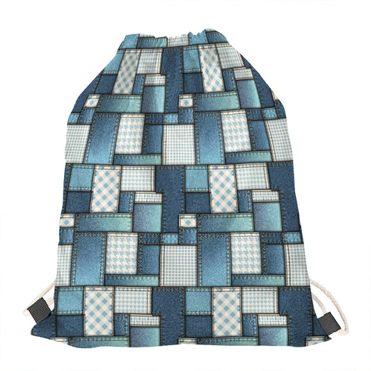 Plaid And Denim Patchwork Pattern Print Drawstring Bag