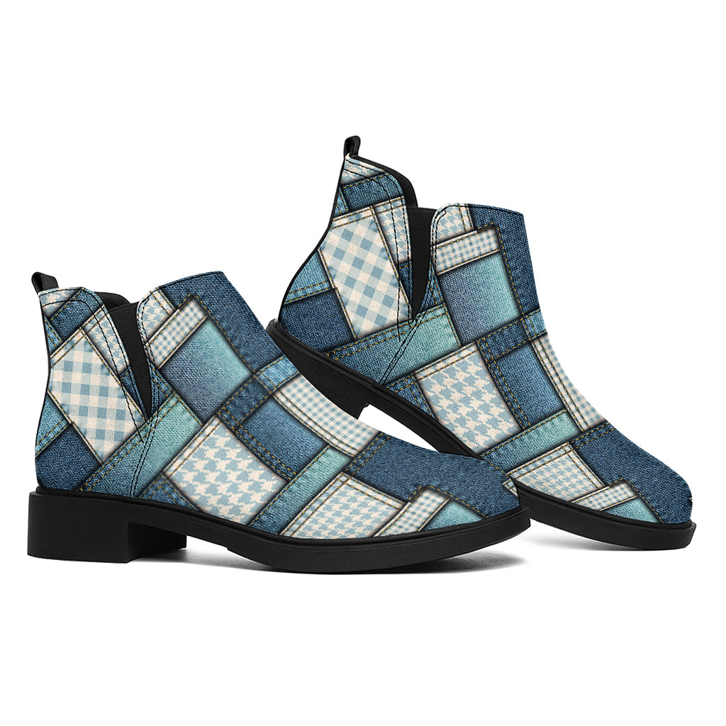 Plaid And Denim Patchwork Pattern Print Flat Ankle Boots