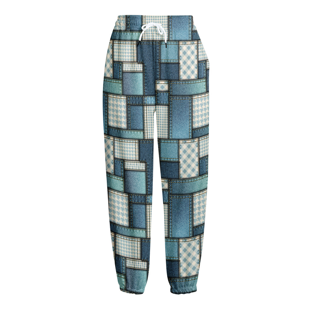 Plaid And Denim Patchwork Pattern Print Fleece Lined Knit Pants