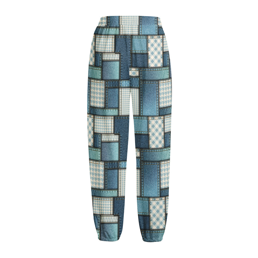 Plaid And Denim Patchwork Pattern Print Fleece Lined Knit Pants