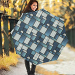 Plaid And Denim Patchwork Pattern Print Foldable Umbrella