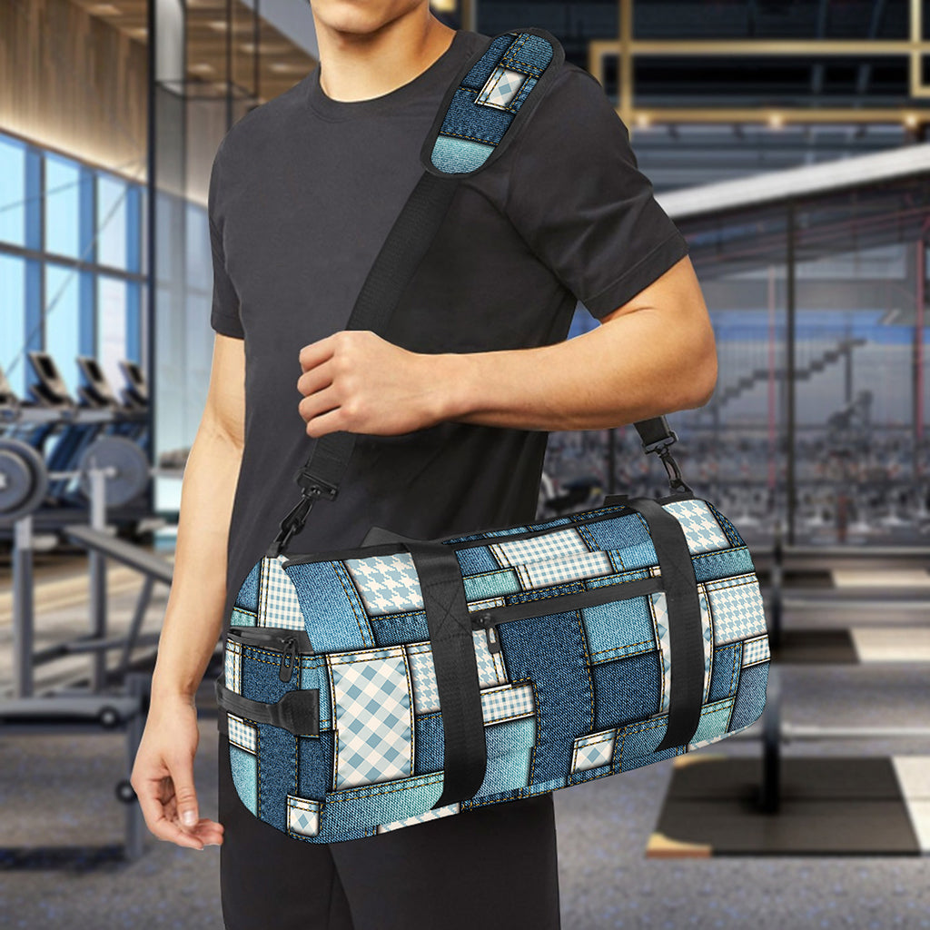 Plaid And Denim Patchwork Pattern Print Gym Bag