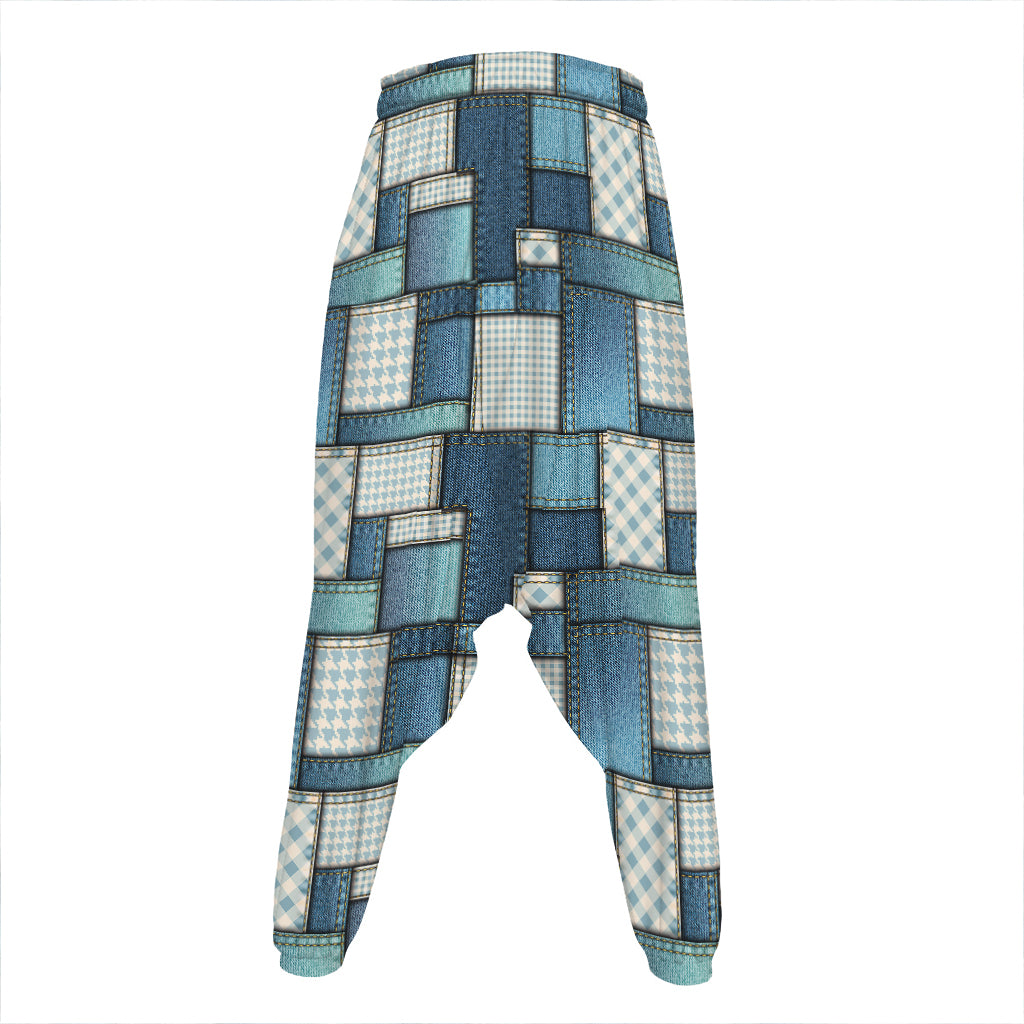 Plaid And Denim Patchwork Pattern Print Hammer Pants