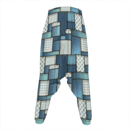Plaid And Denim Patchwork Pattern Print Hammer Pants