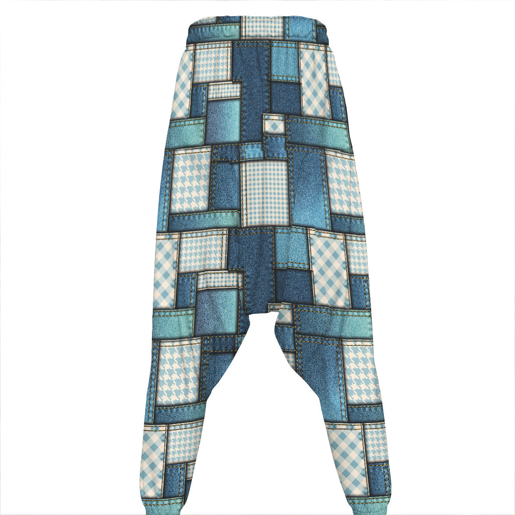 Plaid And Denim Patchwork Pattern Print Hammer Pants