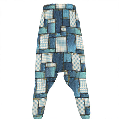 Plaid And Denim Patchwork Pattern Print Hammer Pants