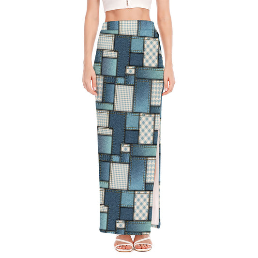 Plaid And Denim Patchwork Pattern Print High Slit Maxi Skirt