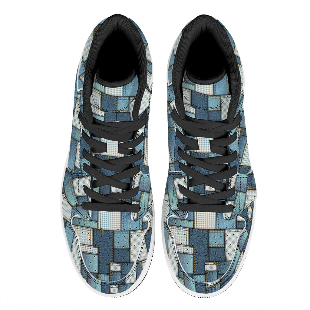 Plaid And Denim Patchwork Pattern Print High Top Leather Sneakers