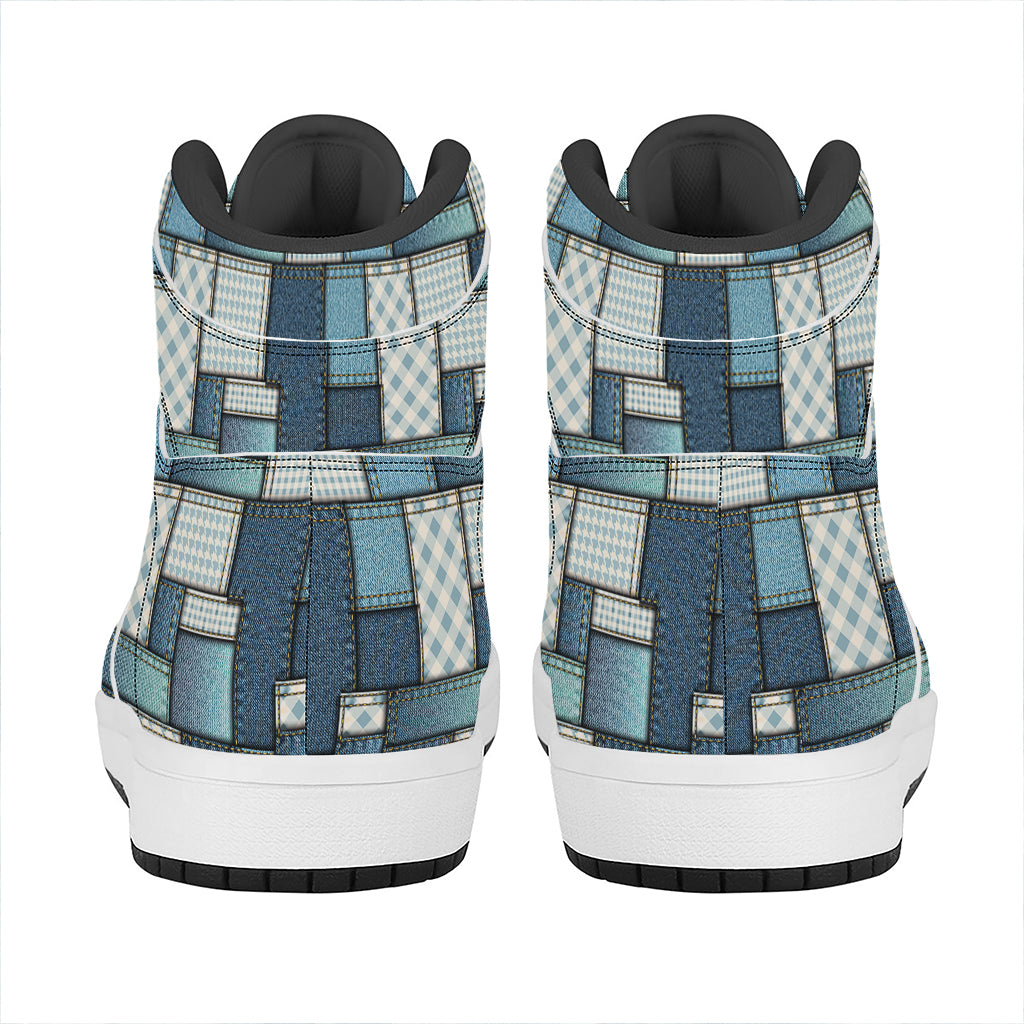 Plaid And Denim Patchwork Pattern Print High Top Leather Sneakers