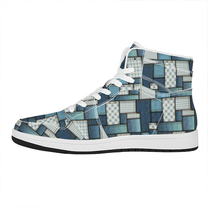 Plaid And Denim Patchwork Pattern Print High Top Leather Sneakers