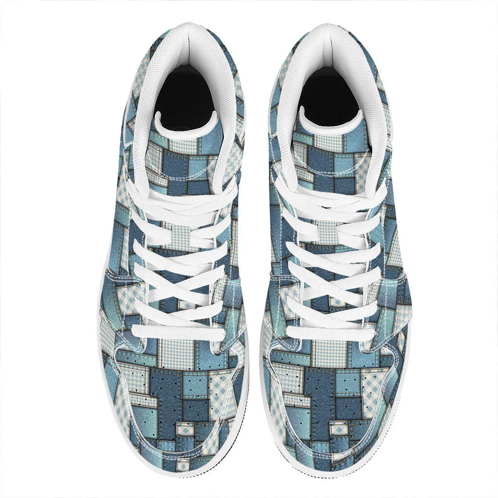 Plaid And Denim Patchwork Pattern Print High Top Leather Sneakers