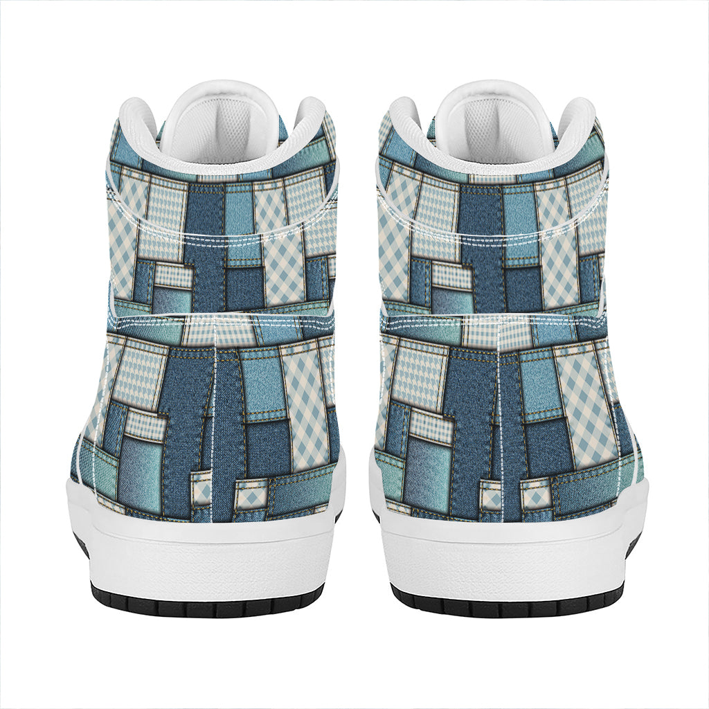Plaid And Denim Patchwork Pattern Print High Top Leather Sneakers