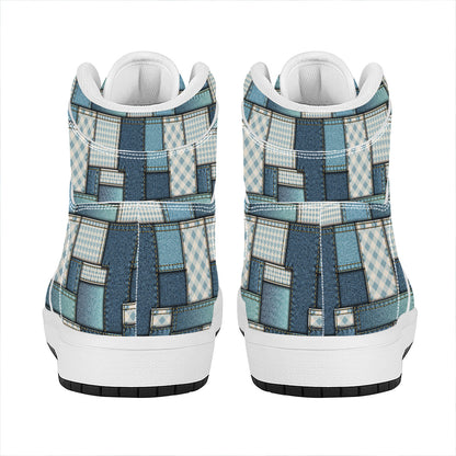 Plaid And Denim Patchwork Pattern Print High Top Leather Sneakers