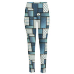 Plaid And Denim Patchwork Pattern Print High-Waisted Pocket Leggings