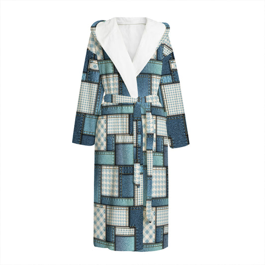Plaid And Denim Patchwork Pattern Print Hooded Bathrobe
