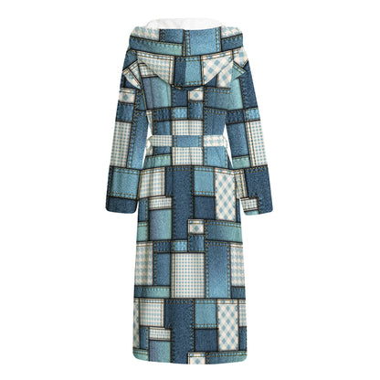 Plaid And Denim Patchwork Pattern Print Hooded Bathrobe