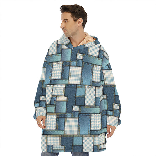 Plaid And Denim Patchwork Pattern Print Hoodie Blanket