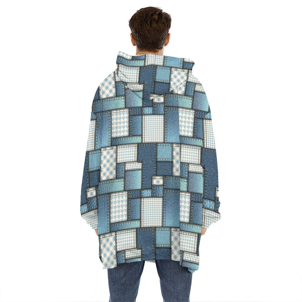 Plaid And Denim Patchwork Pattern Print Hoodie Blanket