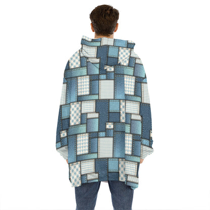 Plaid And Denim Patchwork Pattern Print Hoodie Blanket