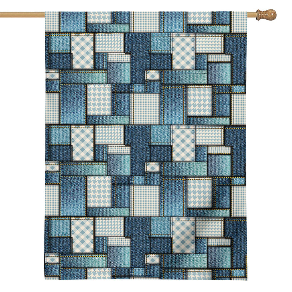 Plaid And Denim Patchwork Pattern Print House Flag