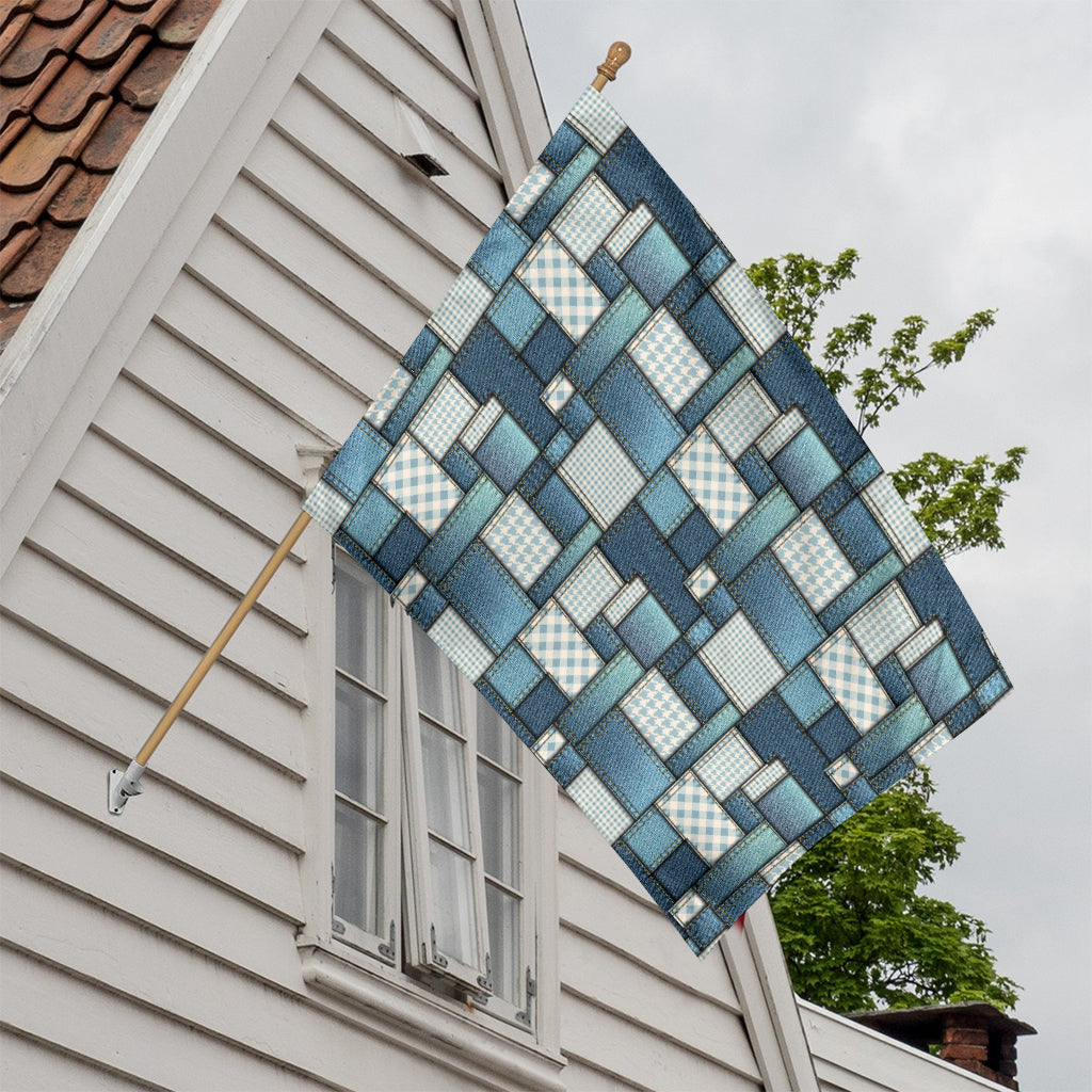Plaid And Denim Patchwork Pattern Print House Flag