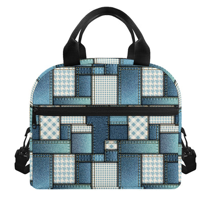 Plaid And Denim Patchwork Pattern Print Insulated Lunch Bag