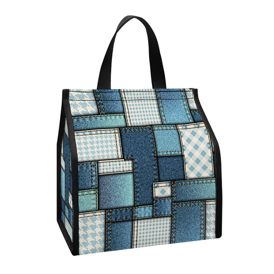 Plaid And Denim Patchwork Pattern Print Insulated Lunch Tote