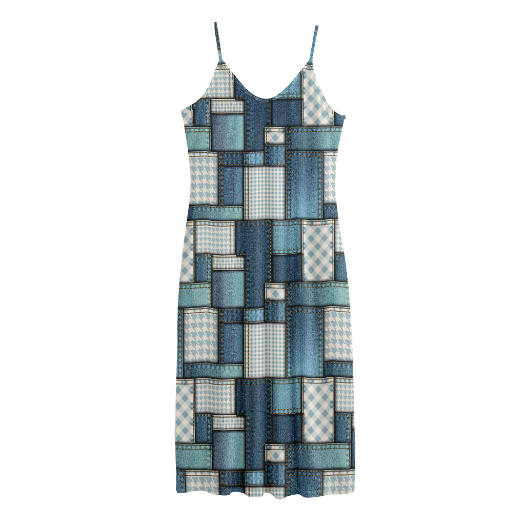 Plaid And Denim Patchwork Pattern Print Jersey Midi Cami Dress